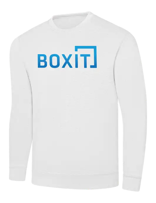 White 7.8 oz Ring Spun Crew Sweatshirt w/BoxIt logo