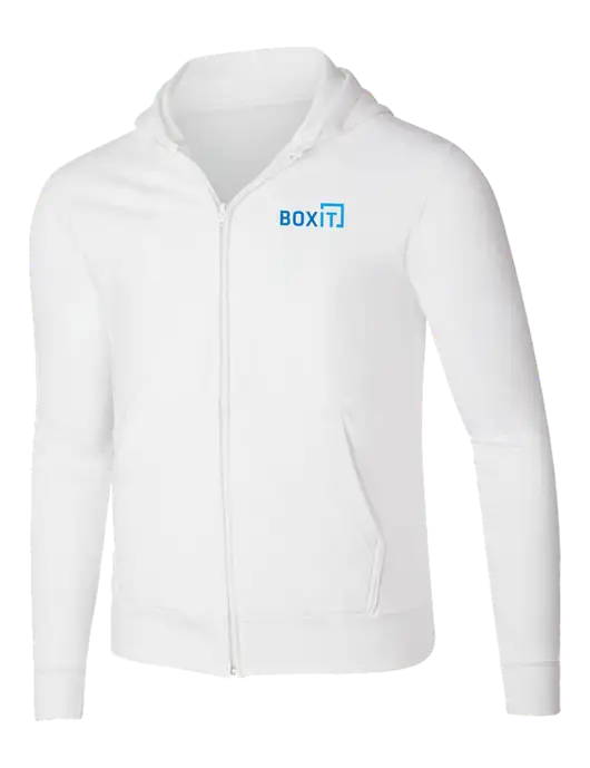 White 8.5 oz Ring Spun Zip Hooded Sweatshirt w/BoxIt logo
