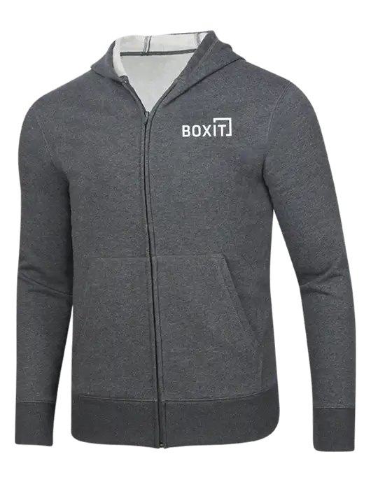 Full-Zip Dark Grey Heather Heavyweight Hooded Sweatshirt w/BoxIt logo