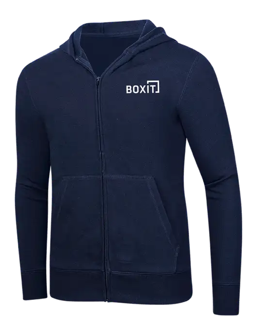 Full-Zip Navy Heavyweight Hooded Sweatshirt w/BoxIt logo