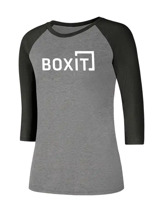 Womens Simply Soft 3/4 Sleeve Black Frost/Grey Frost Ring Spun Cotton T-Shirt w/BoxIt logo