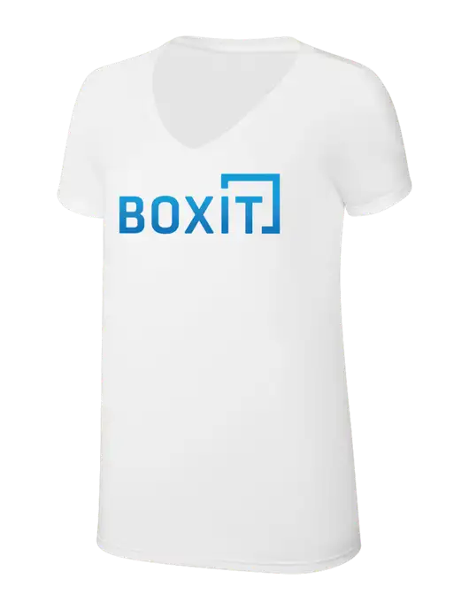 Womens Simply Soft V-Neck White 4.5oz  Poly/Combed Ring Spun Cotton T-Shirt w/BoxIt logo