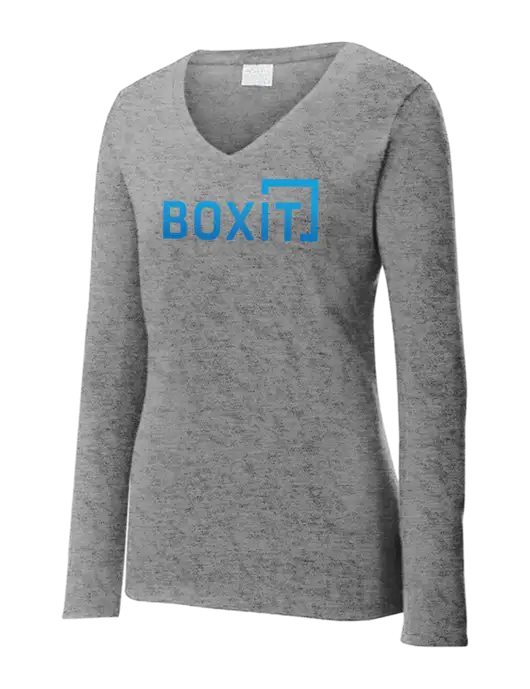 Womens  V-Neck Ring Spun Grey Heather 4.5 oz Long Sleeve T-Shirt w/BoxIt logo