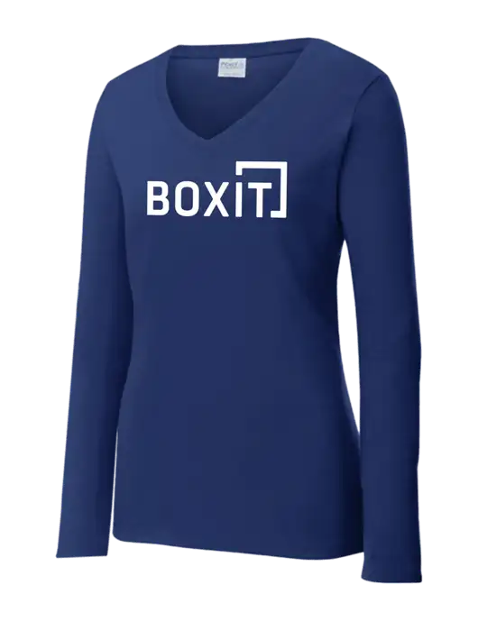 Womens  V-Neck Ring Spun Navy 4.5 oz Long Sleeve T-Shirt w/BoxIt logo