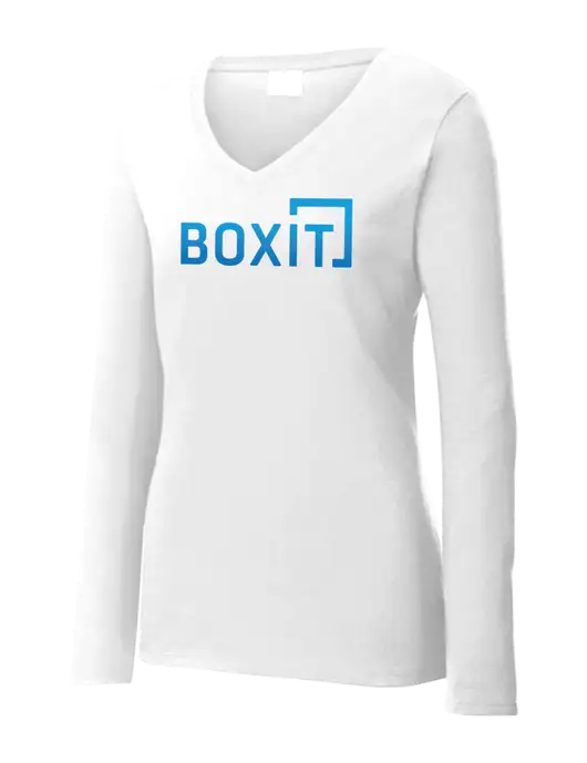 Womens  V-Neck Ring Spun White 4.5 oz Long Sleeve T-Shirt w/BoxIt logo