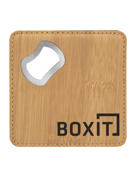 Bamboo Leatherette Coaster with Bottle Opener w/BoxIt logo