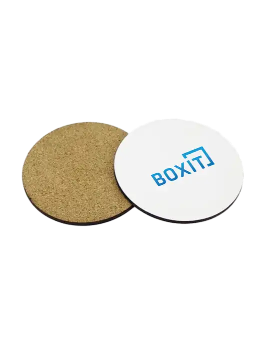 Gloss White Hardboard Round Coaster w/Cork Back, 3.75 w/BoxIt logo