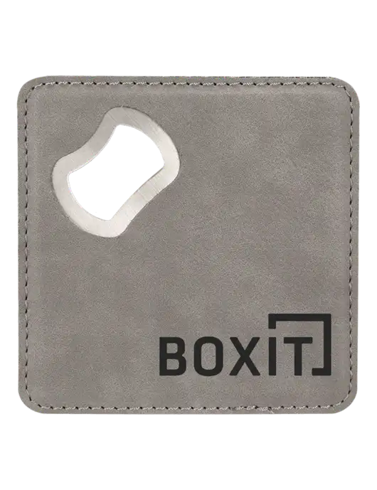 Grey Leatherette Coaster with Bottle Opener w/BoxIt logo