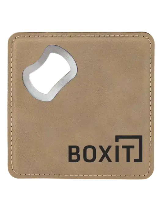Tan Leatherette Bottle Opener Coaster w/BoxIt logo