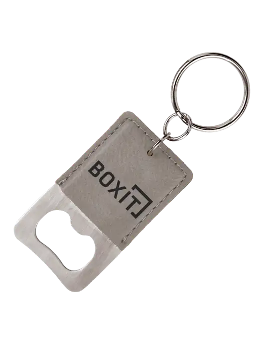 Grey Leatherette Rectangle Bottle Opener Keychain w/BoxIt logo