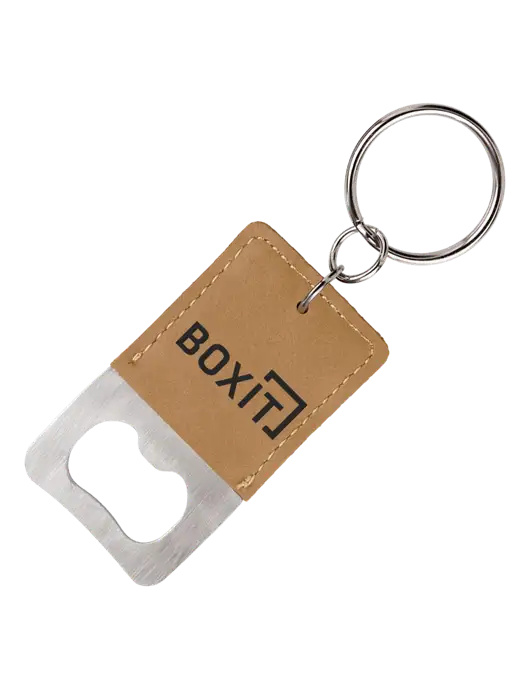 Tan Leatherette Rectangle Bottle Opener Keychain w/BoxIt logo