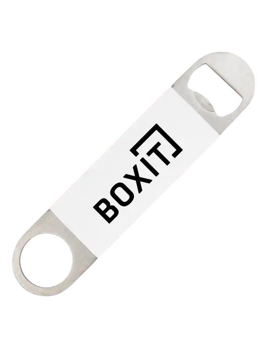 White Bottle Opener with Silicone Grip w/BoxIt logo