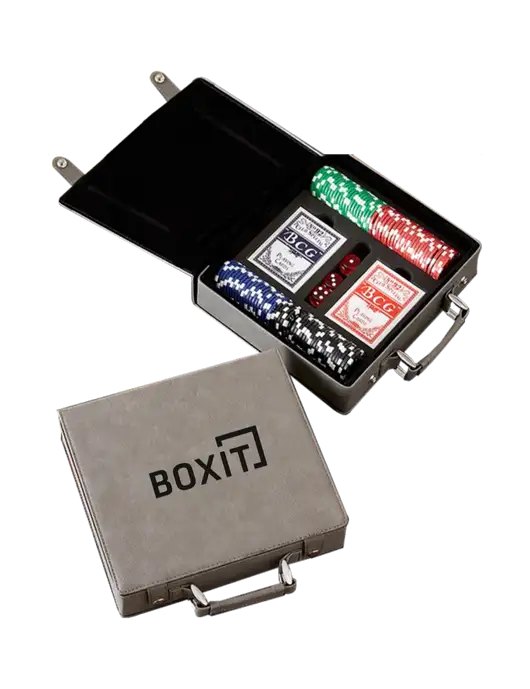 Grey Leatherette 100 Chip Poker Set w/BoxIt logo