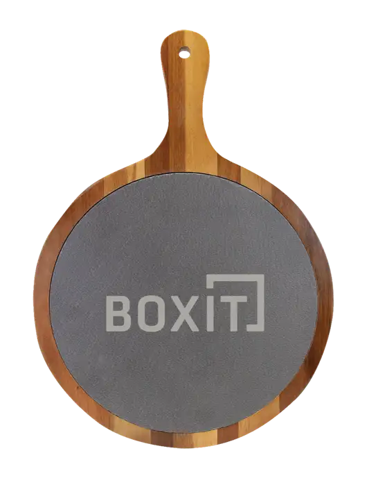 Acacia Wood & Slate Round Cutting Board & Handle 10.5 x 14.5 w/BoxIt logo