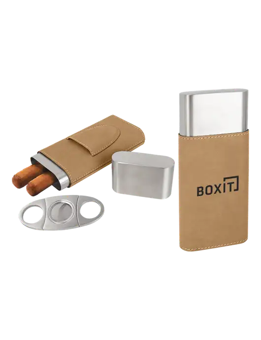 Tan Leatherette Cigar Case with Cutter w/BoxIt logo