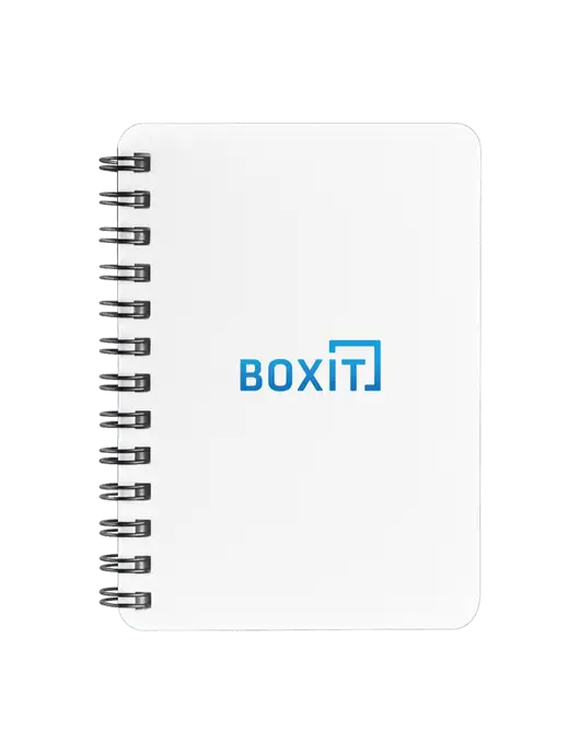 Sturdy White Hardcover Notebook, 5.25 x 7 w/BoxIt logo