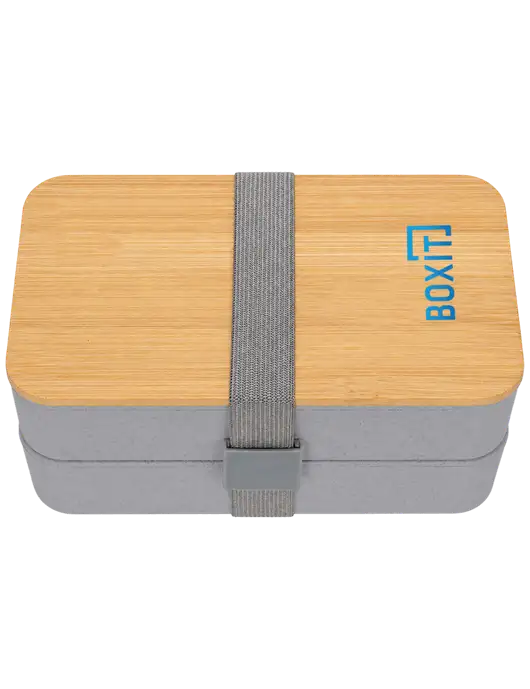 Double Decker Light Medium Grey Lunch Box w/Eco-Friendly FSC Bamboo Lid & Reusable Utensils w/BoxIt logo