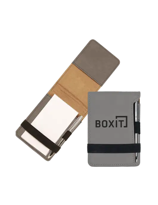 Grey Leatherette Mini Notepad with Pen,  3.25 x 4.75 w/BoxIt logo