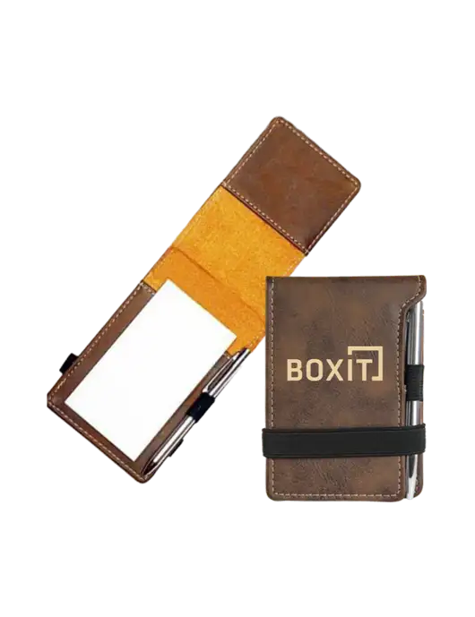 Rustic Leatherette Mini Notepad w/Pen, 3.25 x 4.75 w/BoxIt logo