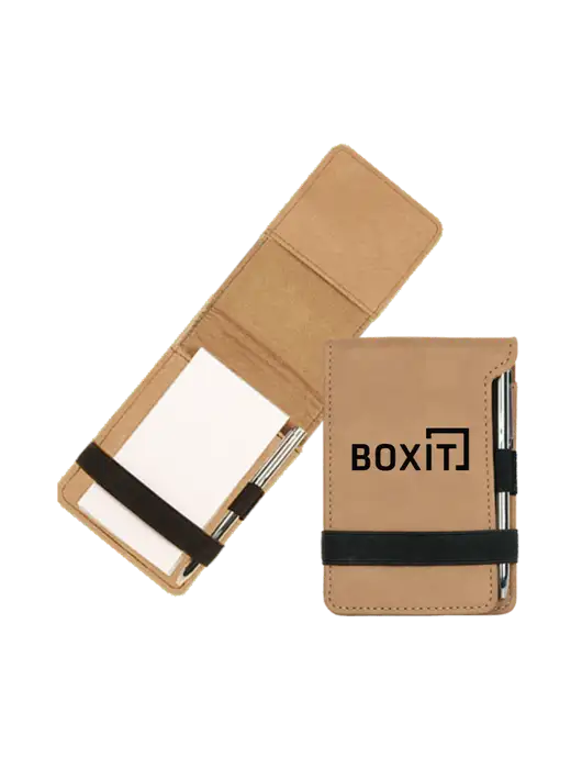 Tan Leatherette Mini Notepad with Pen,  3.25 x 4.75 w/BoxIt logo