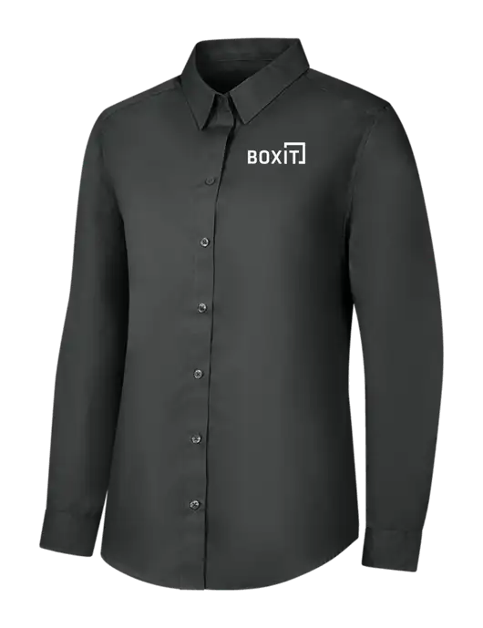 Womens Dark Grey Long Sleeve Carefree Poplin Shirt w/BoxIt logo