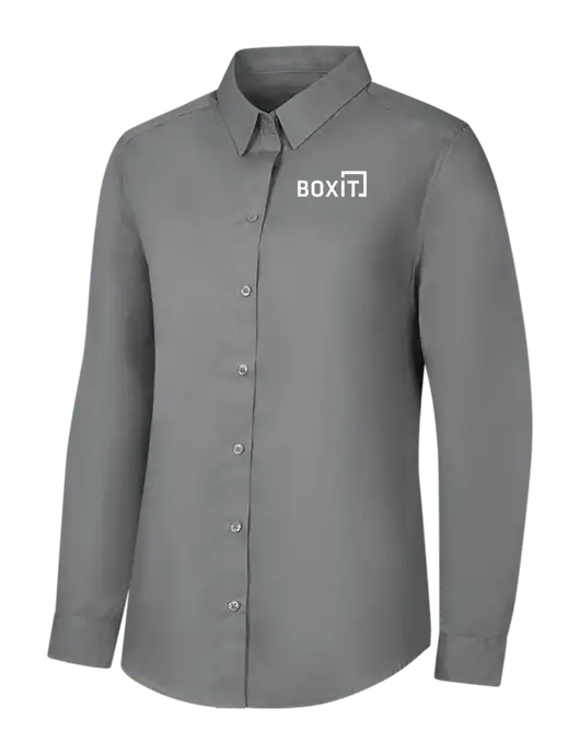 Womens Medium Grey Long Sleeve Carefree Poplin Shirt w/BoxIt logo