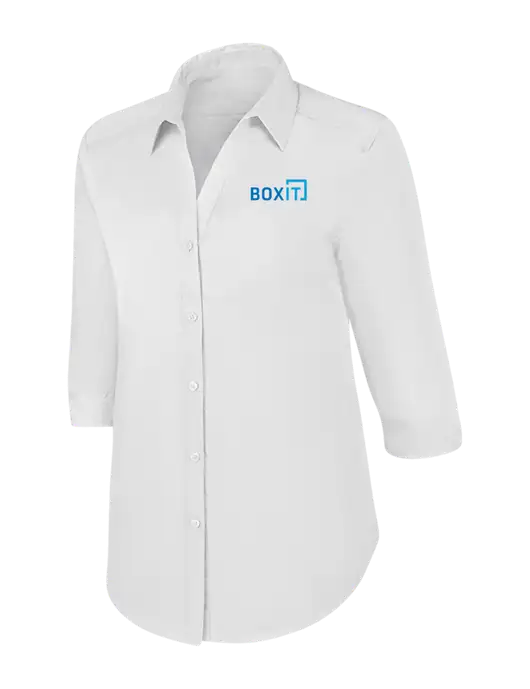 Womens White 3/4 Sleeve Carefree Poplin Shirt w/BoxIt logo