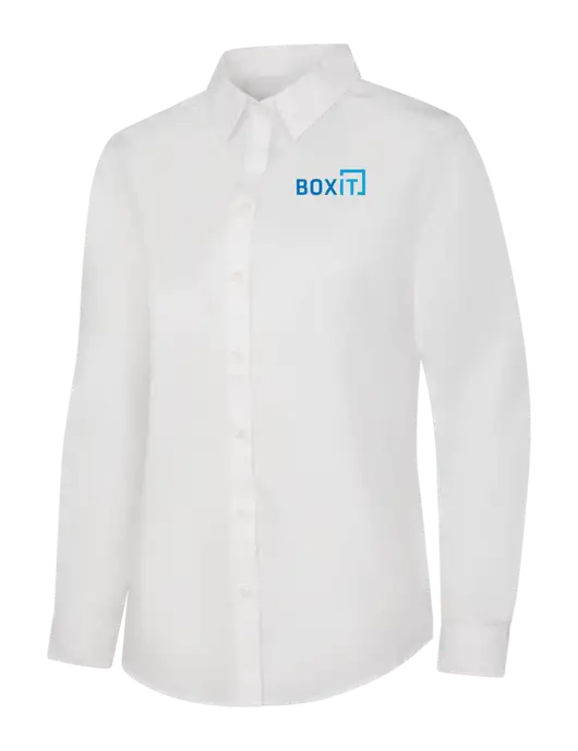 Womens White Long Sleeve Carefree Poplin Shirt w/BoxIt logo