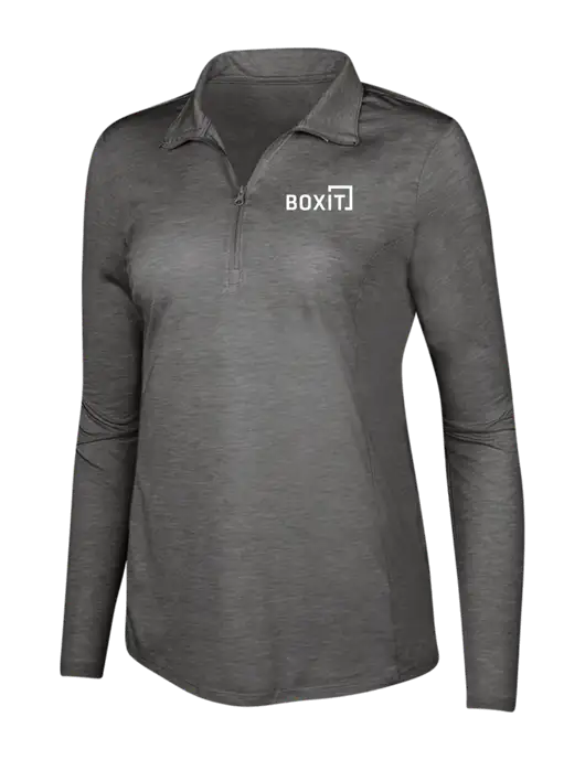 Dark Grey Heather Womens Posicharge Tri-Blend Wicking 1/4 Zip Pullover w/BoxIt logo