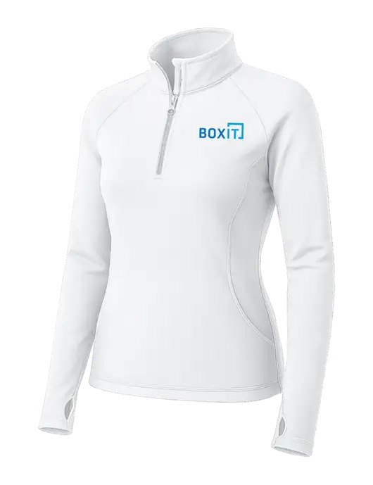 White Womens Sport Wick Stretch 1/4 Zip Pullover w/BoxIt logo