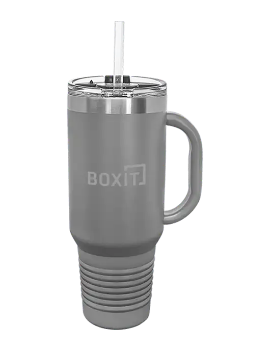 Polar Camel 40 oz. Powder Coated Vacuum Insulated Grey Travel Mug with Straw w/BoxIt logo