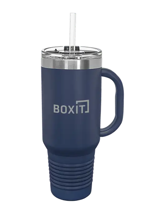 Polar Camel 40 oz. Powder Coated Vacuum Insulated Navy Travel Mug with Straw w/BoxIt logo