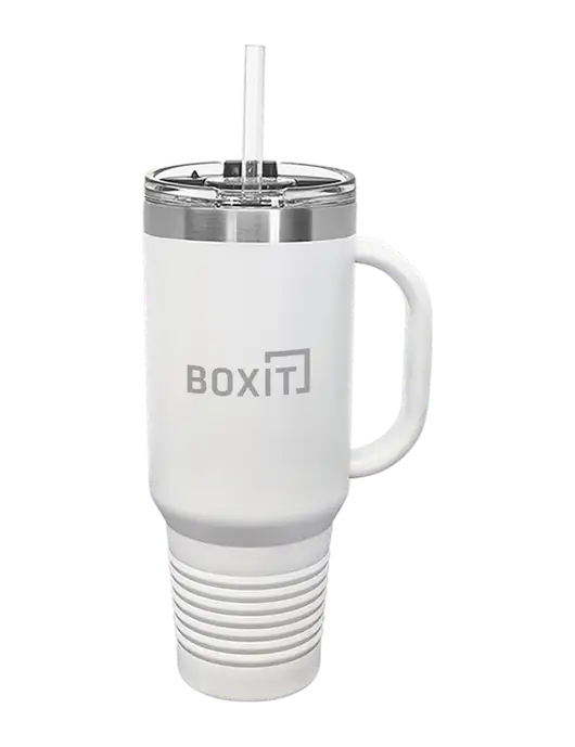 Polar Camel 40 oz. Powder Coated Vacuum Insulated White Travel Mug with Straw w/BoxIt logo